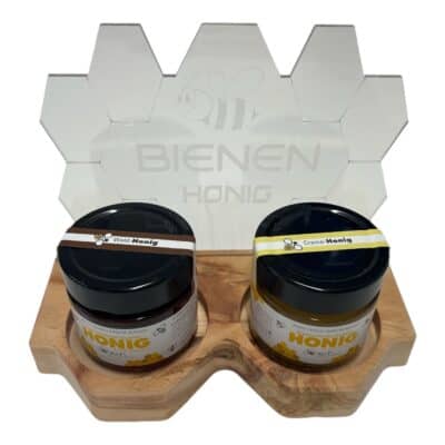 Honigproben im Probier-Set mit Bienenwaben-Design, ideal für Honigliebhaber.