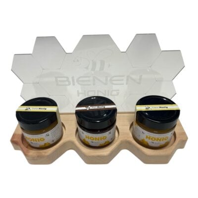 Honig Probier-Set mit drei Gläsern auf Holzständer, Bienen Janisch.