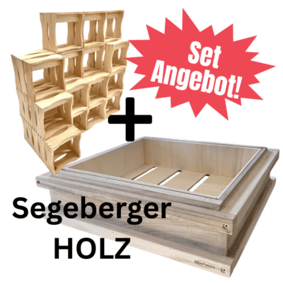 Blumenregal und Bienenbeute aus Holz.