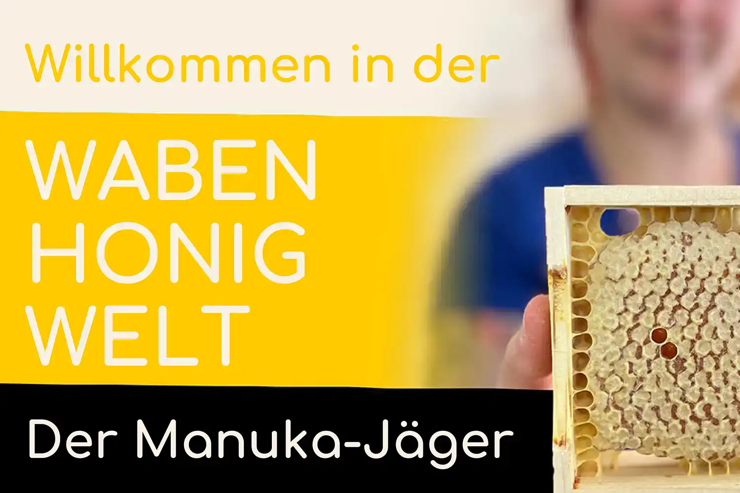 Bienen Janisch Wabenhonigwelt mit Honigwabe und Imker im Hintergrund.